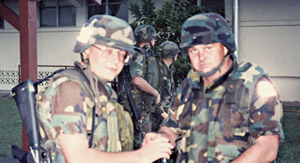 Captain (CPT) Robert T. Davis, 528th SOSB Operations Officer, pauses for a photo with Sergeant First Class (SFC) James E. Boone, shortly after arriving in Panama.