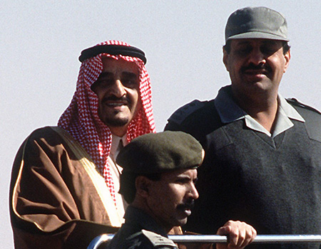 Saudi Arabia's King Fahd (rear, left) and LTG Khalid Bin Sultan, JFC Commander (rear, right), review Royal Saudi troops. King Fahd welcomed and openly acknowledged U.S. and international military support.