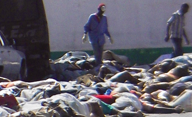 Relatives left bodies in the street outside this morgue because it was already full.