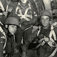 A close up shot of the British parachute used by OG ADRIAN. Unlike U.S. parachutes, the British ones featured a harness quick release in the front. No reserve chutes were worn.