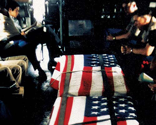The remains of SP4 Valentine B. Vollmer and Mr. Steven A. Haukness carried by Air America C-46 to Saigon before being transferred to the Central Identification Laboratory in Thailand.