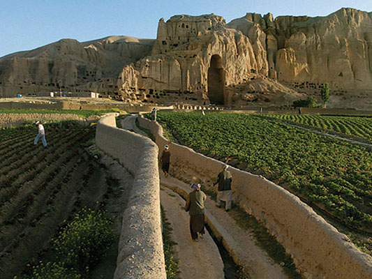 Walled pathways surround the cultivated fields that were overlooked by huge Buddhas for 1700 years.