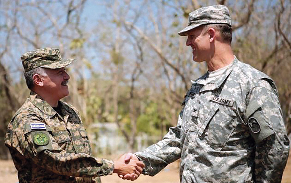 BG William Armando Mejia, El Salvador Army Chief of Staff greets Field Artillery COL Robert A. Wagner, U.S. Senior Defense Official.