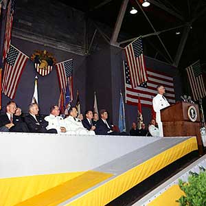 During the graduation ceremony, Superintendent MG Westmoreland addressed the graduates, introduced the President as the guest speaker, called up Cadet George W. Kirschenbauer to present JFK with the class gift, and administered the oath of office to graduates.