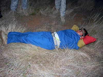 One of the 'dead' enemy soldiers displaying the 'Mario Brothers'-type uniform worn by the role players.