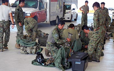 The SFGp MFF Team prepares for the HALO jump leading into the final exercise. They made the 13,000 foot jump from a 25th Infantry Division CH-47, landed at Marine Corps Base Hawaii, and then went by vehicle to the exercise area at Bellows Field.