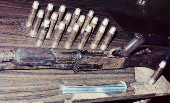 Homemade 12.7mm canon rifle fabricated from Soviet Mi-24 HIND-D attack helicopter chain machine gun breach block. It was abandoned by the Farabundo Marti National Liberation Movement after the September 1988 attack on El Paraiso.