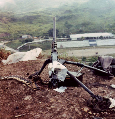 M2 .50 caliber machine gun on Loma Alfa above the El Paraiso cuartel. The gun was booby-trapped with bloques by the Farabundo Marti National Liberation Movement.