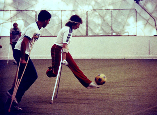 Dolores &ldquo;Dee&rdquo; Malchow controls the ball against a Caldwell Banker player on 13 August 1983. Games against ablebodied soccer teams reminded players and observers how exciting and physically demanding the game was. Media coverage brought the sport into a more mainstream environment.