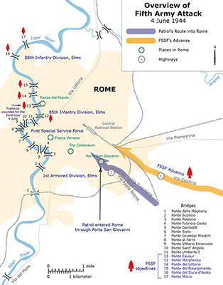 Map of bridges in Rome and route Radcliffe’s patrol took into Rome. The bridges numbered 12-17 were the FSSF’s objectives.