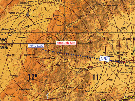 Aviator flight map showing Chapman Airfield in relation to ambush site on Khowst&ndash;Gardez road and the infiltration site of the QRF (ODA 163+).