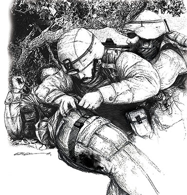 Staff Sergeant Jubal Day administers aid to Master Sergeant Paul Cooper while Technical Sergeant Bradley Reilly provides covering fire.