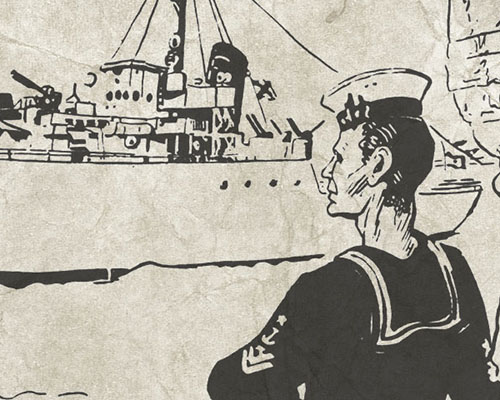 &ldquo;Impression of a crew member of A.R.C. <i>Almirante Padilla</i> on his voyage to Korea&rdquo; drawing by Ernesto Hernández (Bogotá, 1953)