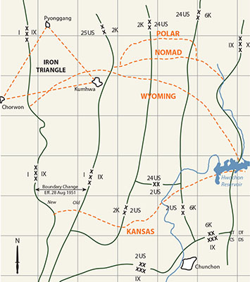 Friendly Situation—August 1951 highlighting Lines Kansas, Wyoming, Nomad, and Polar.