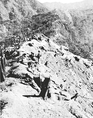 Colombian positions on the main line of resistance while attached to the 24th Infantry Division near Chup&rsquo;a-ri overlooking the Kumsong Valley, 1951.
