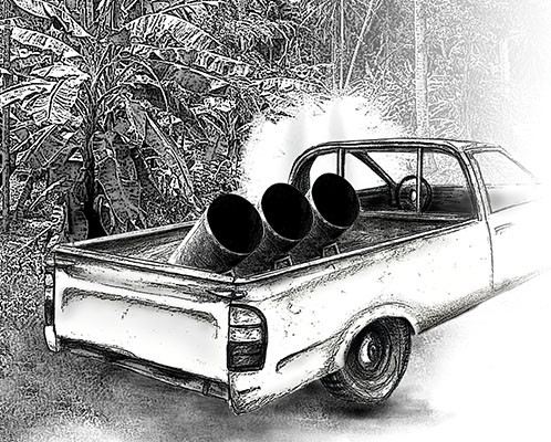 Artist facsimile drawing of a &ldquo;technical&rdquo; mounted with bombas barbacoa.