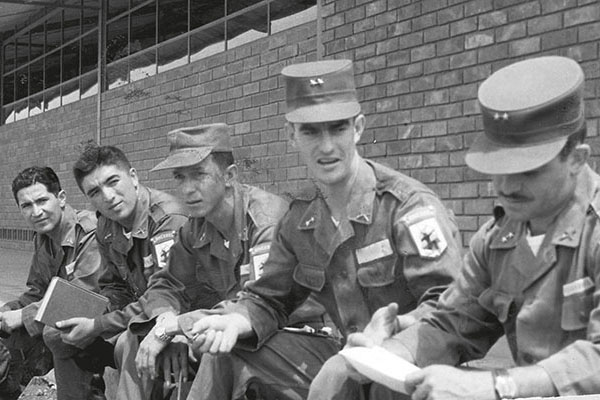 Lancero instructors, from the right, First Lieutenant Roberto Fernández Guzmán, First Lieutenant John R. Galvin, Lieutenants Negret, Rojas, and Burbano at Tolemaida.