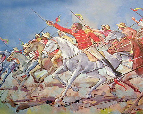 Artist rendition of Simón Bolivar and the Colombian Lancers charging during the War for Independence from Spain.