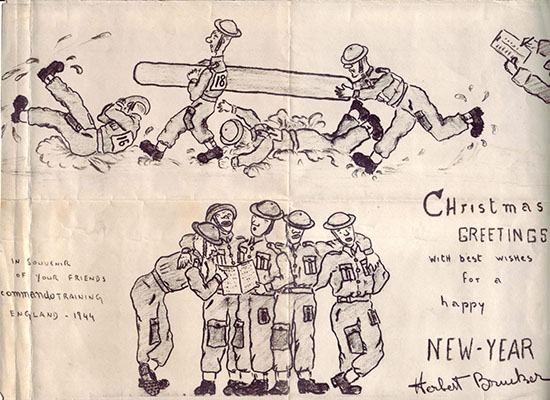 T/4 Herb Brucker&rsquo;s hand-drawn Christmas 1943/New year&rsquo;s 1944 card depicting training at STS 7 near Pemberley, England.