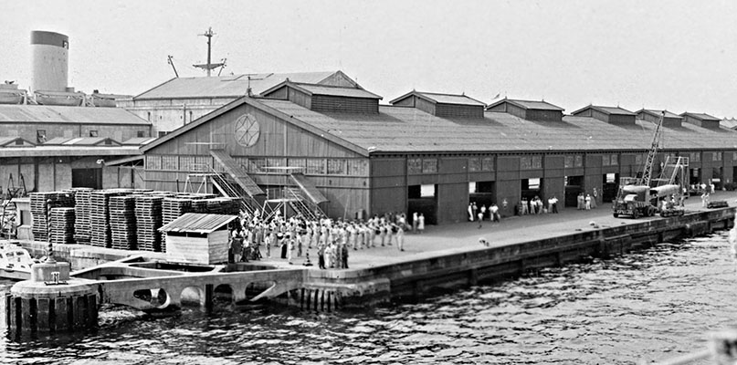 The USNS Brewster steaming into Yokohama harbor. The RB&L left the ship while the infantry replacements for Korea stayed aboard. A band on the dock greeted the newcomers to Japan.