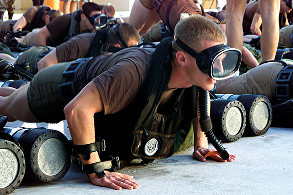 Deck training during the Combat Diver Qualification Course. Rigorous physical training is an essential element of the course.