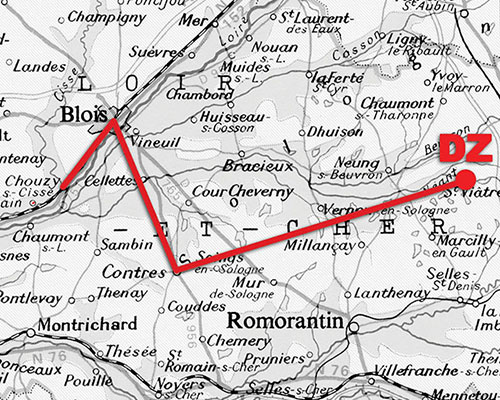 MAP: first two-days movement of Team HERMIT from the St. Viatre drop zone to Chouzy