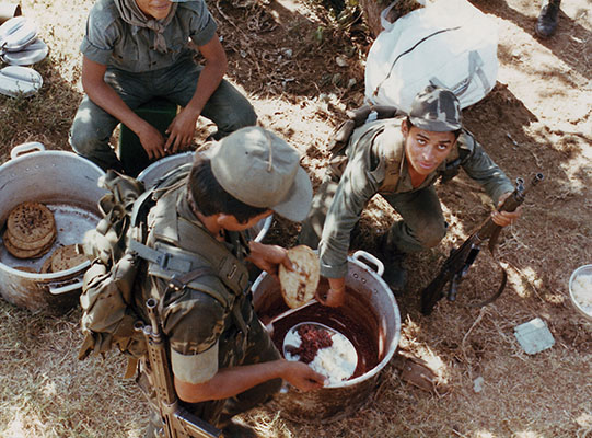 Tortillas served as the soldiers&rsquo; plates for beans and rice, the staples of the Salvadoran diet, whether in the cuartel messhall or in the field. ODA-7 soldiers ate the same thing, but were served on plates in the messhall.