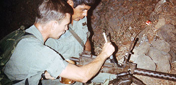 Sergeant David Janicki and Sergeant First Class LeRoy Sena checked the 3rd Brigade Security Battalion&rsquo;s M-1919A6 machineguns nightly.