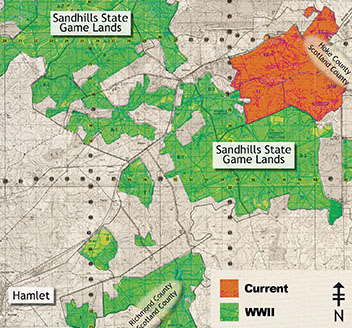 Map comparing the size of Camp Mackall during WWII to the present day.