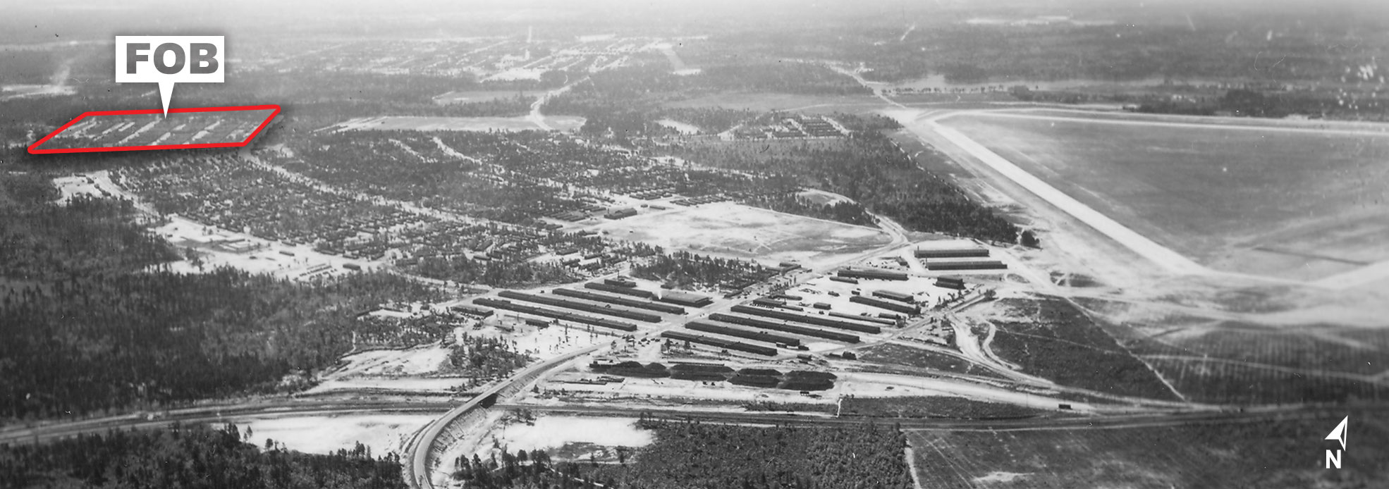 Obscured in the ground haze above the hospital is the southern cantonment area where the Airborne Divisions lived and trained. Part of that area is now Rhine-Luzon drop zone.