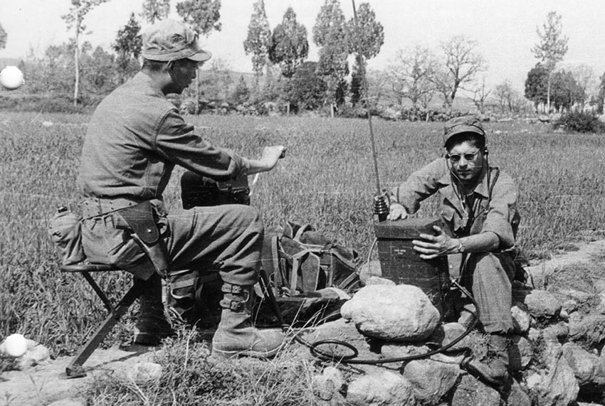 1SG Berent Friele sending a message at SO Team JACKAL, China, 1945.