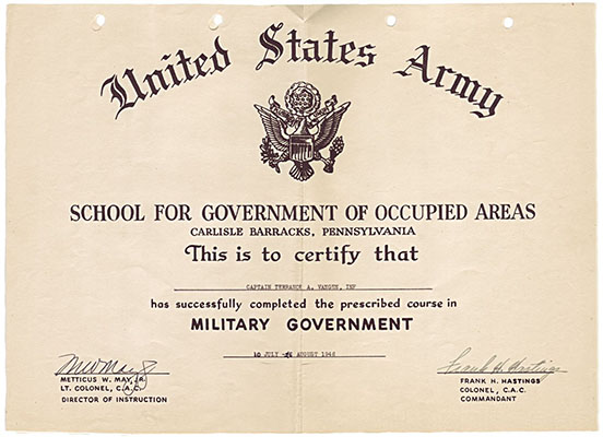 CPT Terry Vangen&rsquo;s Military Government Course certificate from Carlisle Barracks, PA, 1946.