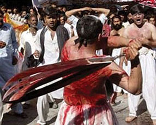 Especially devout Shia Muslims flog themselves to atone for the murder of Hussein, grandson of the prophet Mohammed, that created the schism between Shia and Sunni.