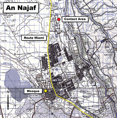 Map of An Najaf showing the relationship of the Imam Ali mosque and Route Miami (Karbala/An Najaf highway) to the initial contact site.