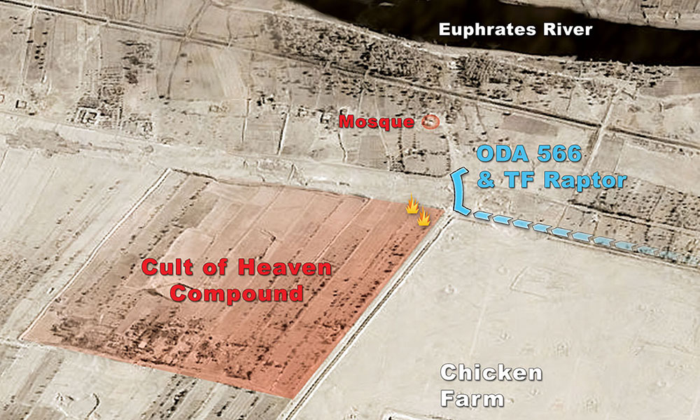 Section of imagery map showing Phase One with element locations, entry route, and key terrain/sites highlighted.