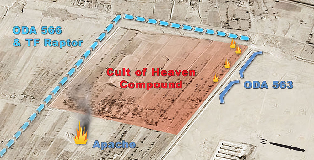 Section of imagery map showing Phase Three has the route of TF Raptor & ODA 566 as they search for the downed AH-64 helicopter and the positions of ODA 563 & Hilla SWAT.