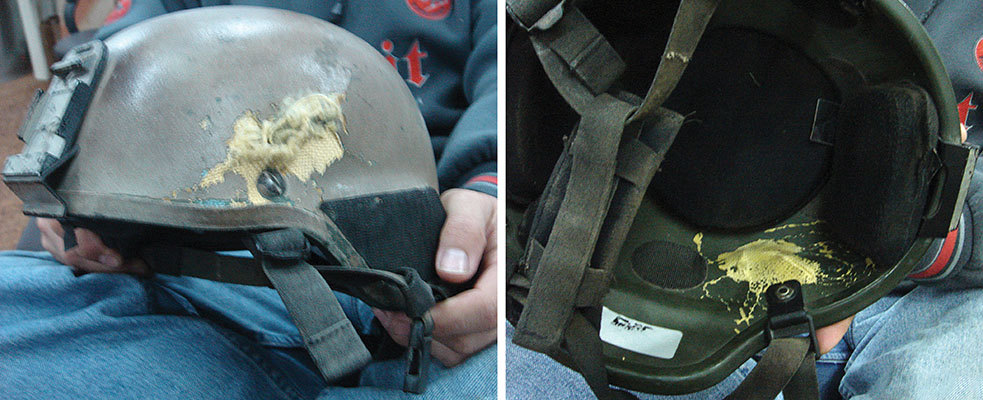 Outside & inside views of 7.62mm impacts on &ldquo;MICH&rdquo; helmets worn by ODA 563 soldiers. Both men survived with minor concussions.