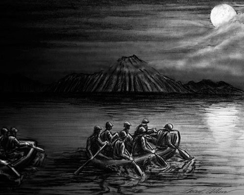 An artist&rsquo;s rendition of 1LT Mark Radcliffe&rsquo;s platoon paddling across West Kiska Lake. During the crossing, the clouds parted and the men were silhouetted in the moonlight.