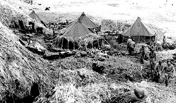 A 7th Infantry Division field hospital on Attu. The high number of casualties suffered during the Battle of Attu, affected Allied planning for Kiska. The majority of the casualties were due to cold weather exposure.