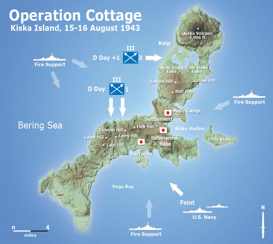 The First Special Service Force was the lead element of the landing forces for both the Northern and Southern Sectors in the invasion of Kiska. The First and Third Regiments landed in rubber boats to secure the beaches and patrol inland before the main landing forces arrived.