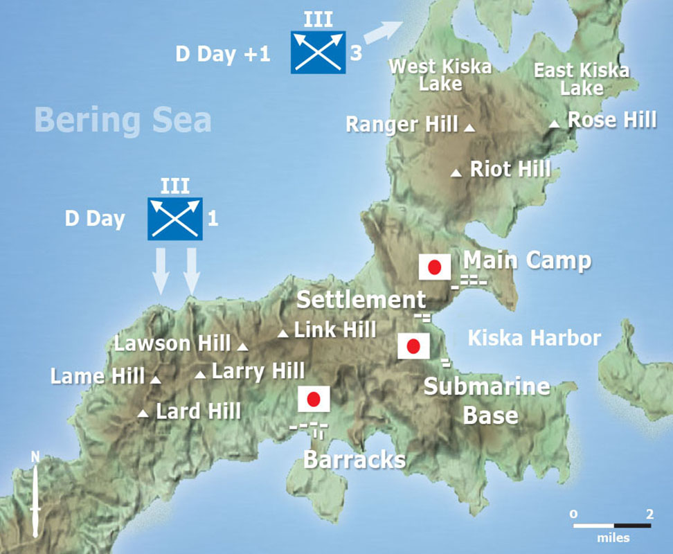 The invasion of Kiska. The initial assault by the First Regiment, FSSF, on 15 August was north of Link and Lame Hills. The Third Regiment landed at West Kiska Lake, moving on D+1 up on Ranger and Riot Hills. The Japanese Main Camp was the focus of the invasion force.