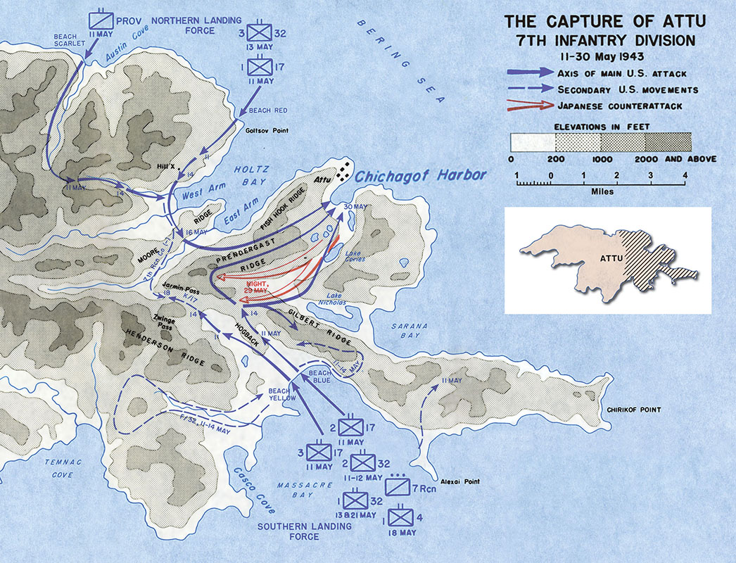 The Allied landings on Attu were designed to converge on the Japanese base at Chicagof Harbor. The landing force suffered heavy casualties. The Japanese fiercely defended the tough terrain. Inclement weather limited the use of air support and naval gunfire.