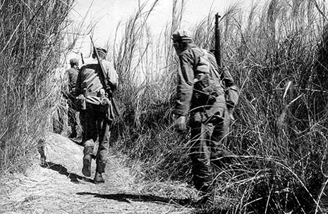 6th Rangers move through the grass to take up positions prior to the raid on the Cabanatuan Prison compound. The Nellist and Rounsaville Teams with Filipino guides led the Rangers into position and cover ed the retreat of the 513 POWs after the successful rescue.