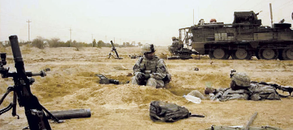 The C Company 60mm mortars were co-located with the 120mm mortar and its fire direction system inside the Stryker to the rear.