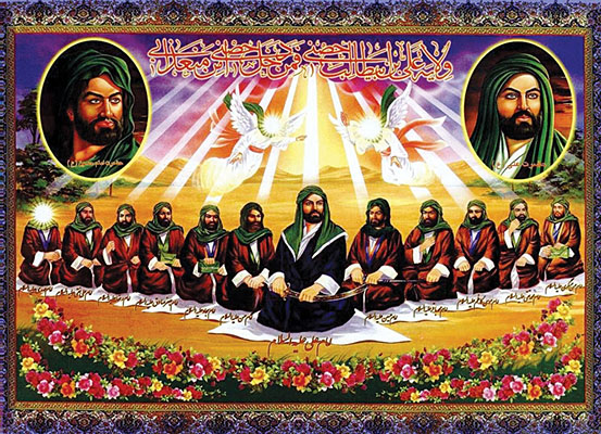 The 12th Iman is located at the far left, face enshrouded by brilliant light.