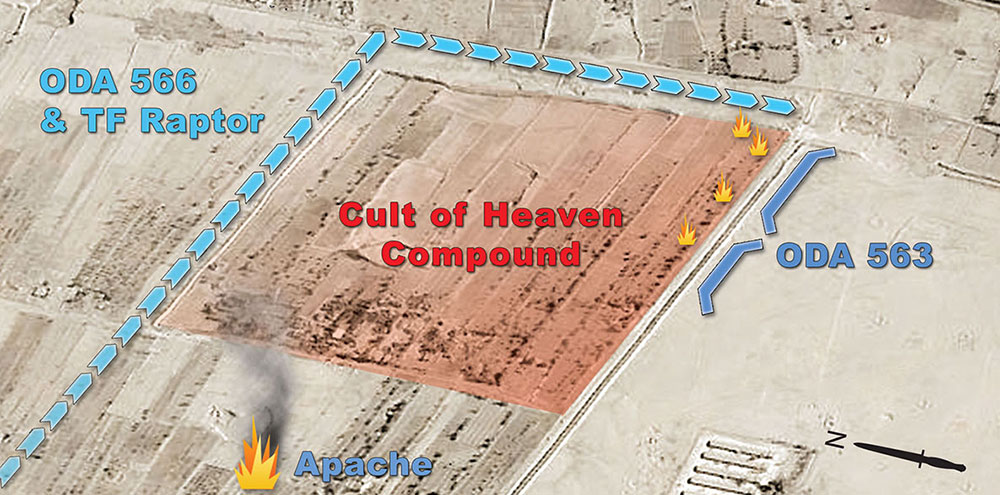 This map shows the return route of TF Raptor and ODA 566 to the contact site. ODA 563 and Hilla SWAT were in the southeast corner.
