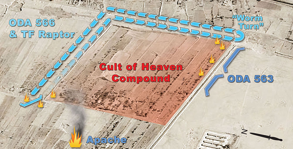 Dashed arrows show the entry route of TF Raptor and ODA 566 to the contact site. After meeting CPT Konrad (ODA 563) in the southeast corner, the convoy &ldquo;worm turned&rdquo; to retrace their route.
