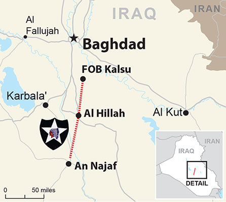 Since the Stryker can go 65 mph, it took less than an hour for the TF to drive from FOB Kalsu to the An Najaf area.