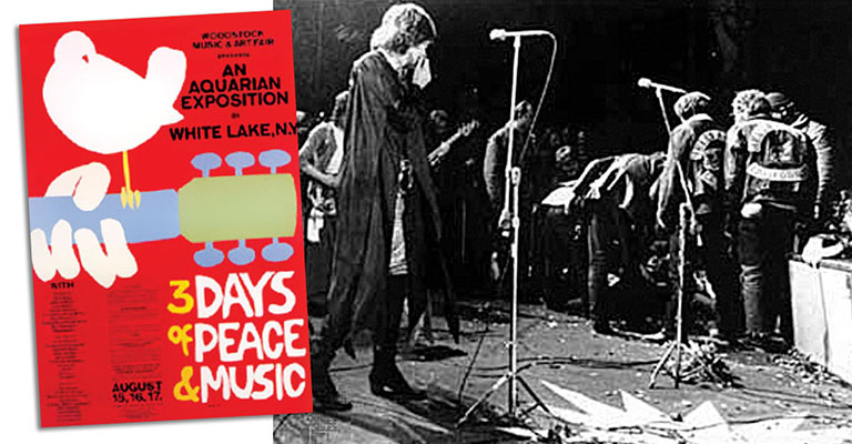 The Woodstock Festival, 15-18 August 1968, was noted for its brotherhood and came to exemplify the 1960s counter-culture movement. Meant to be the West Coast version, the Altamont Free Concert became the opposite of Woodstock. Members of the Hell’s Angels Motorcycle Club, hired as security, killed concert-goer Meredith Hunter as the Rolling Stones played their set.