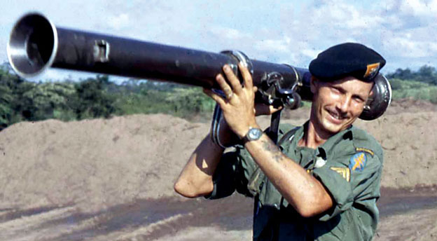 SSG William W. Burkett demonstrating how to hold the 3.5-inch AT rocket launcher.